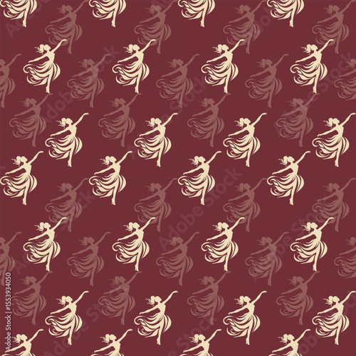 Fabric pattern, a graphic pattern that has the characteristics of a repeated arrangement of shadows of a woman dancing in a graceful pose, light cream (main dancer), dark red-brown 