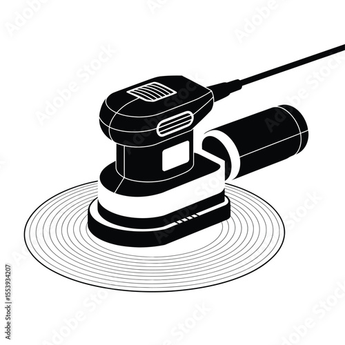 Black and white illustration of an orbital sander with a dust collector attached