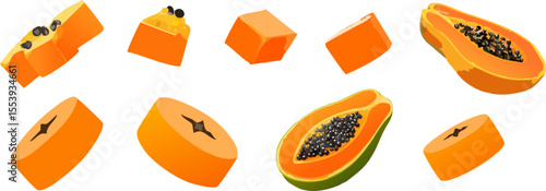 Fresh, vibrant papaya slices in various forms, showcasing their bright orange flesh and seeds. Perfect for a healthy and tropical culinary theme