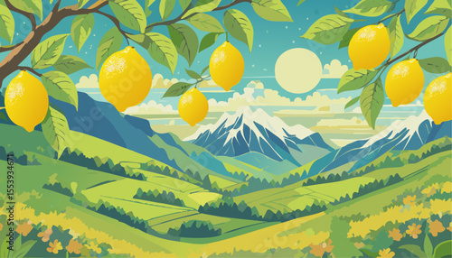 Fresh lemons hang from a tree in a vibrant mountain landscape, offering a taste of summer