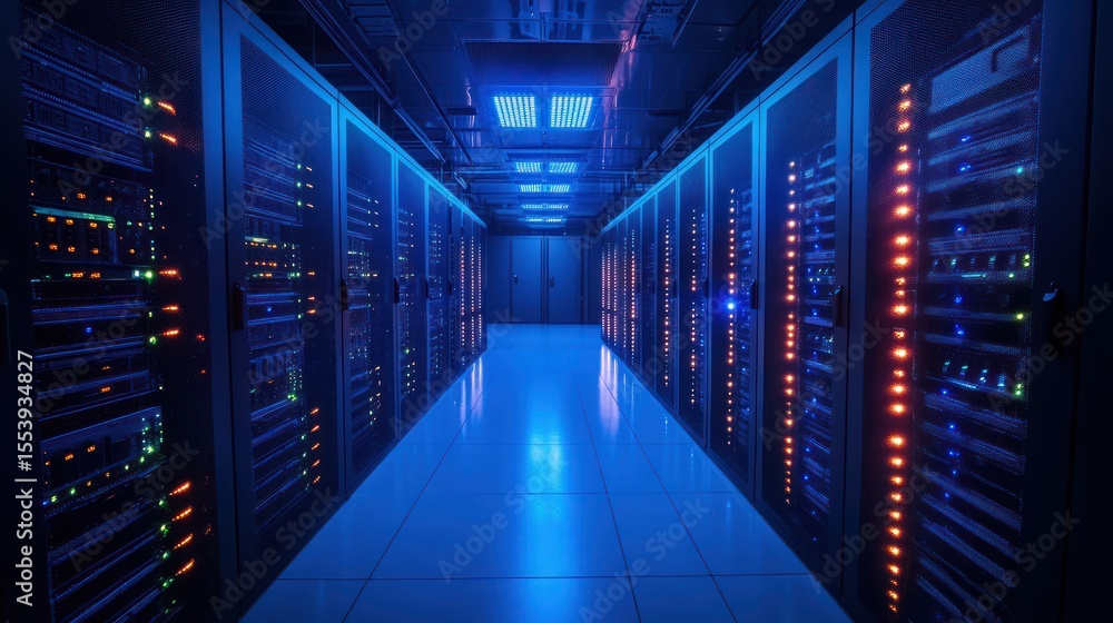Futuristic server room illuminated by neon blue lights for data processing Futuristic server room illuminated by neon blue lights for data processing