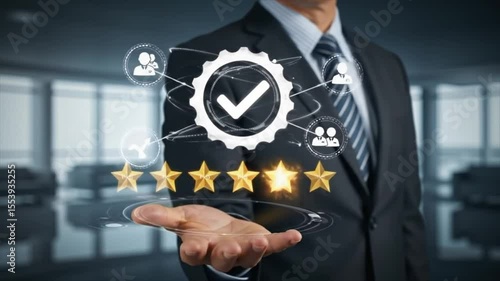 Quality assurance and top service, Businessman holding digital badge with check mark and certification icons. Ideal for trusted brands, product guarantee, high-quality service, ISO standards.