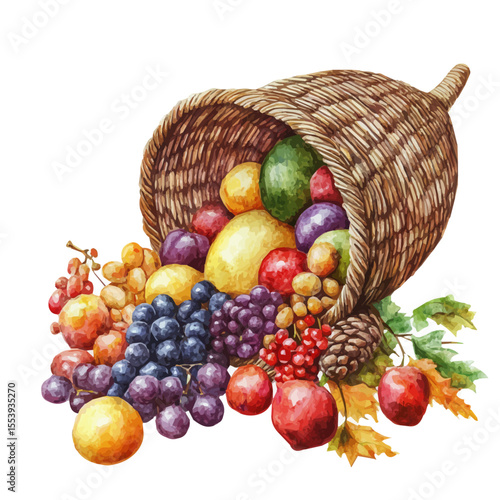 Cornucopia Spilling Fruits, watercolor clipart vector, isolated on a white background.