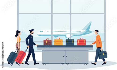 Airport baggage claim illustration with passengers and airplane for travel concept design