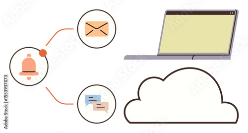 Laptop linked to a cloud with notification, email, and chat message icons. Ideal for teamwork, cloud storage, connectivity, remote work, notifications data sync communication. A simple flat