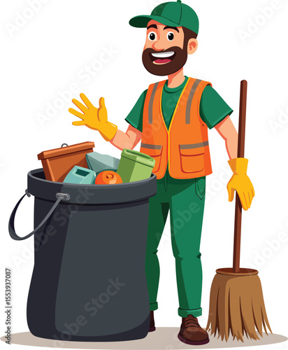 Cartoon street cleaner man with broom and trash bag vector illustration for sanitation concept design