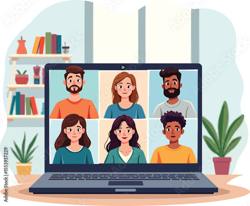 Online meeting video conference call on laptop with diverse group of people illustration vector art