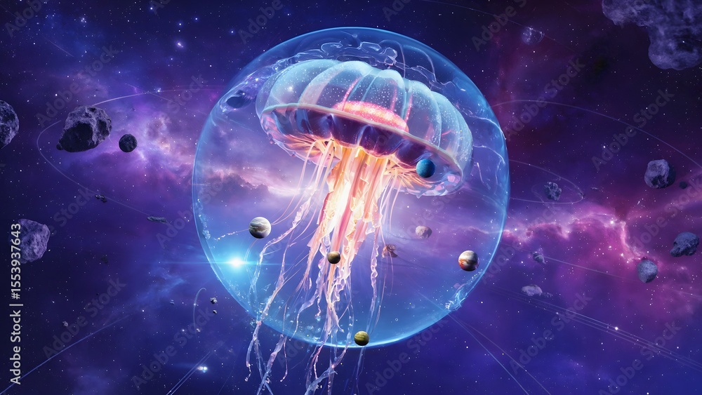 Fototapeta premium Jellyfish in Space Nebula with Planets and Asteroids