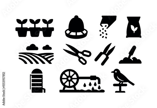 Agriculture, farming filled icon set. cultivation, harvest tools filled collection