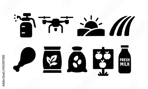 Agriculture solid icon set. farming, cultivation, and produce icons