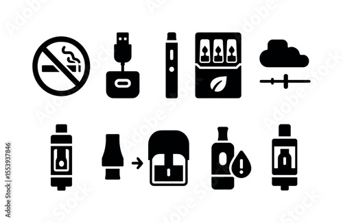 Vape and smoking solid icon set: no smoking, devices, cartridges, and clouds