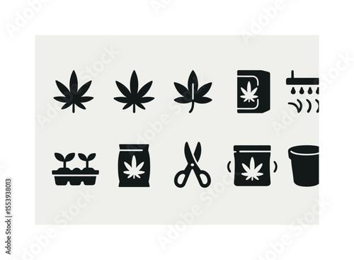 Cannabis cultivation solid icon set. grow, harvest, plant care symbols collection
