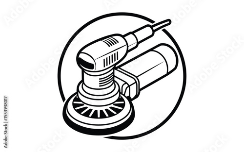 Black and white illustration of a rotary car polisher tool inside a circle