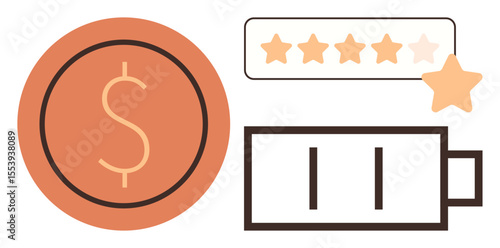 Orange dollar sign, five-star rating bar, battery icon with partial charge. Ideal for concepts thumbs up finance, energy, efficiency, productivity, customer feedback, resource management