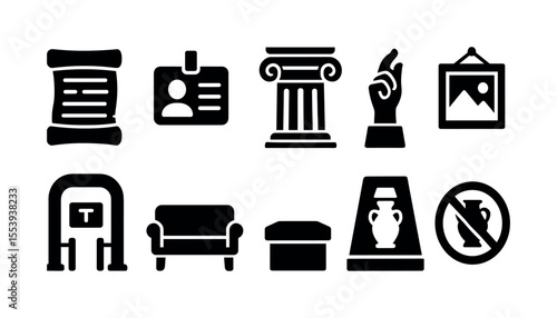 Museum, history solid icon set. cultural, artifacts icons solid collection