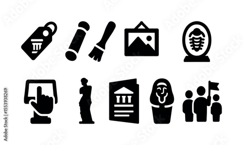 Museum and history filled icon set. artifacts, exhibition symbols filled collection
