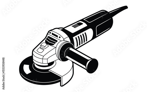 Black and white illustration of a modern electric angle grinder with a safety guard