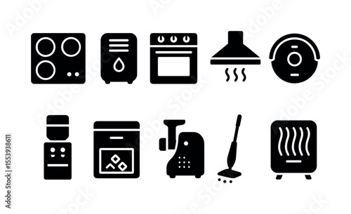 Home appliance silhouette icon set. kitchen, cleaning tools, cooking icons silhouette style