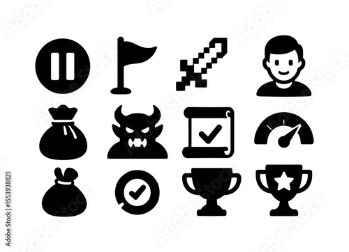 Gaming and adventure solid icon set. fantasy, quest, competition icons solid collection