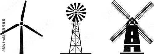 Three different types of windmills shown in silhouette on a white background