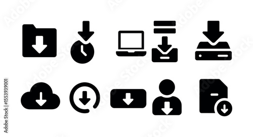 Download, upload filled icon set. file transfer, storage symbols in solid style