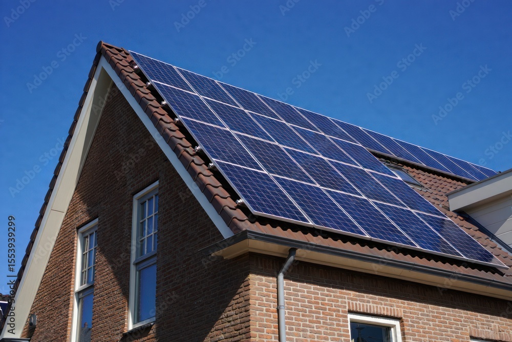 Solar panels on a modern house roof, clean energy future Solar panels on a modern house roof, clean energy future