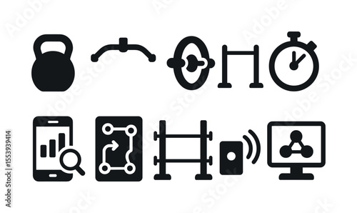 Fitness training filled icon set. gym, workout equipment, exercise collection