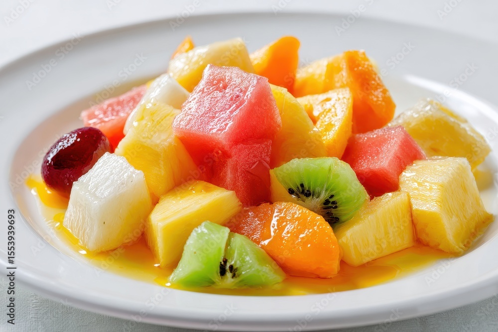Small fruit pieces on a colorful plate over white fruit cocktail in syrup includes pineapple red papaya yellow papaya and guava Small fruit pieces on a colorful plate over white fruit cocktail in syrup includes pineapple red papaya yellow papaya and guava