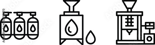 Set of three icons representing liquid dispensing and manufacturing processes