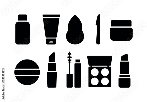 Beauty and makeup silhouette icon set. skincare, cosmetics, tools silhouette collection