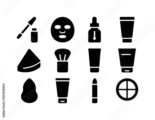 Beauty and cosmetics silhouette icon set. skincare, makeup essentials illustrated.