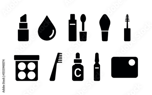 Beauty, makeup silhouette icon set. cosmetic, self-care essentials icons collection