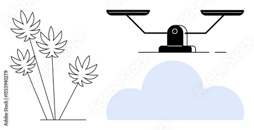 Balance scale hovering over a cloud beside stylized cannabis plants. Ideal for justice, sustainability, law, decision-making, environment, agriculture, health. Minimalist flat metaphor