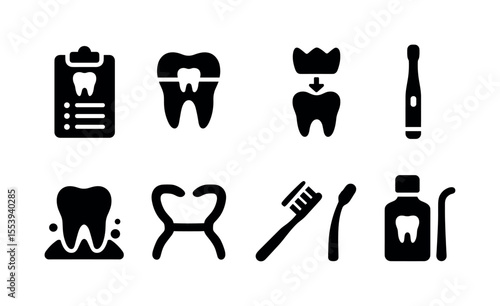 Dental solid icon set. tooth, hygiene, flossing icons solid collection for dental care