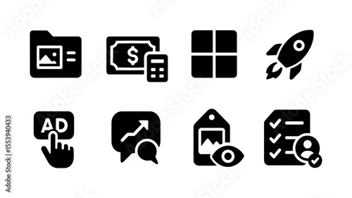 Business and finance solid icon set. office, marketing, and strategy icons collection