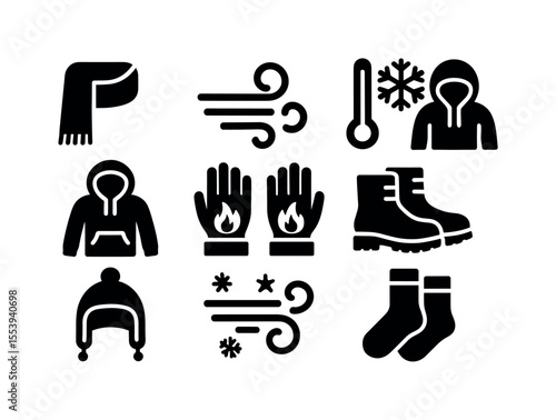 Winter, weather solid icon set. cold, snow, clothing icons solid collection