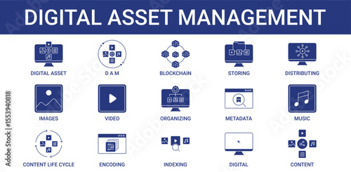 Digital Asset Management icon pack with blockchain, content and digital asset icon
