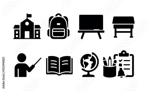 Education silhouette icon set. school, learning, classroom, teaching symbols