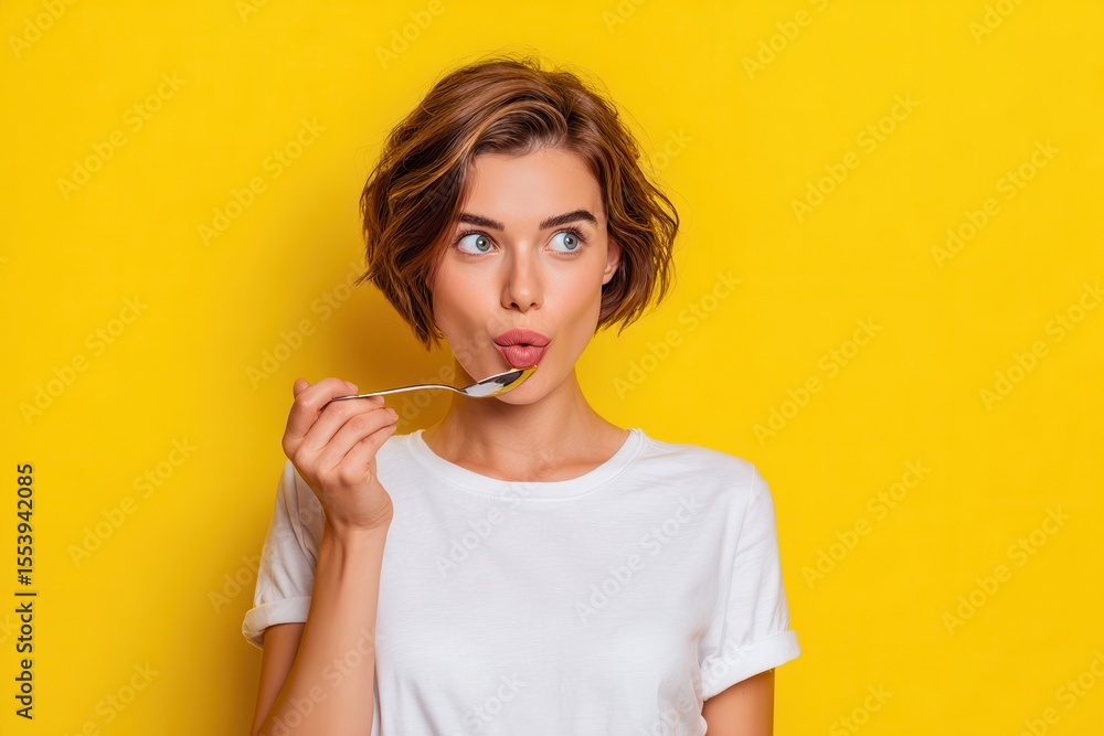 Hipster girl in a white t shirt excited about breakfast poses against a bright yellow background Hipster girl in a white t shirt excited about breakfast poses against a bright yellow background