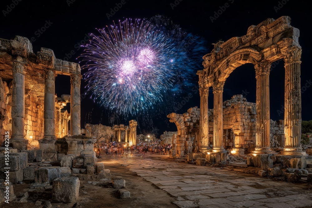 Fototapeta premium Spectacular fireworks over ancient roman ruins at night