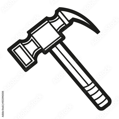 Simple black and white line art icon of a hammer on a clean white background