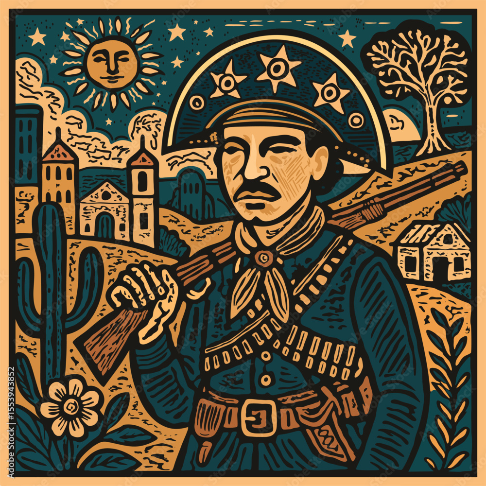 Fototapeta premium Brazilian cangaceiro. Cordel northeast woodcut vector illustration
