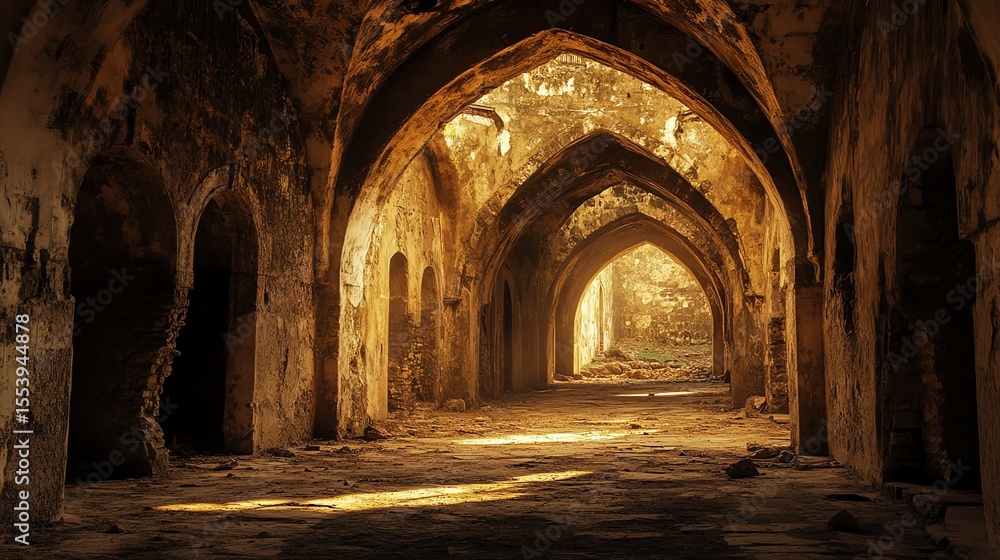 Obraz premium Ancient Stone Archways in Warm Sunset Light Creating Mystical Atmosphere