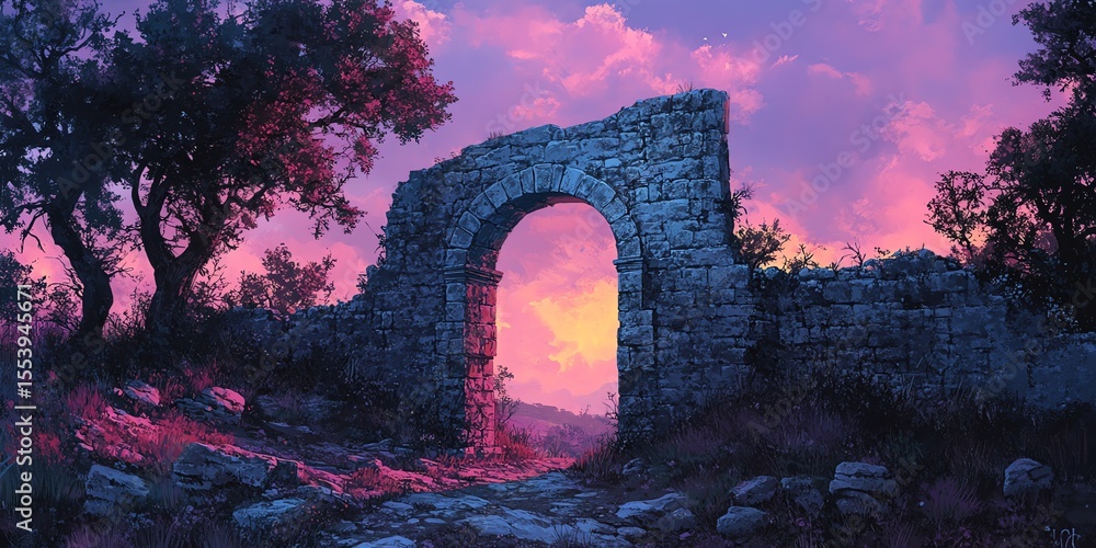 Obraz premium Ancient Stone Archway Surrounded by Trees at Sunset with Pink Purple Sky