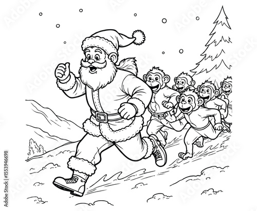 Santa Chased by Playful Monkeys Stealing His Hat – Funny Christmas Coloring Page