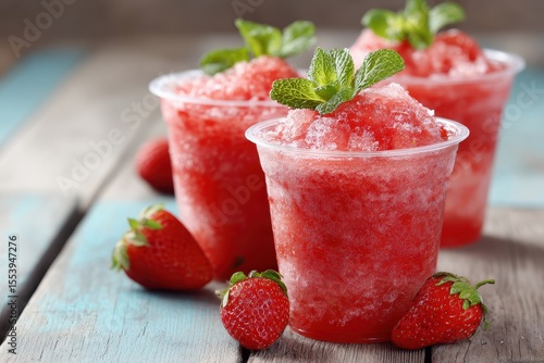 Mint topped strawberry slushies on a wooden table
