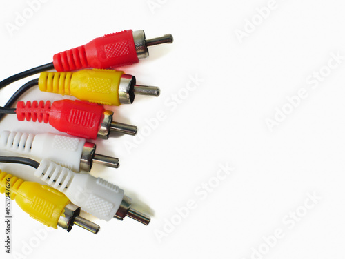 RCA cable with red, yellow, and white connectors, used for audio and video connections, isolated on a white background.