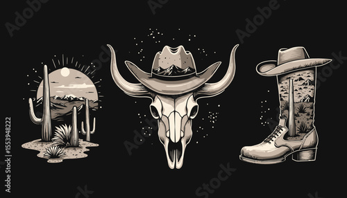 Rustic Western Cowboy Elements Featuring Bull Skull, Boot and Hat in Vintage