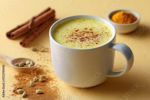 Light background featuring a white mug of golden milk infused with turmeric and cinnamon a nutritious beverage for boosting immunity