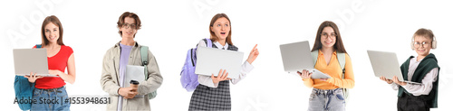 Set of students with laptops on white background